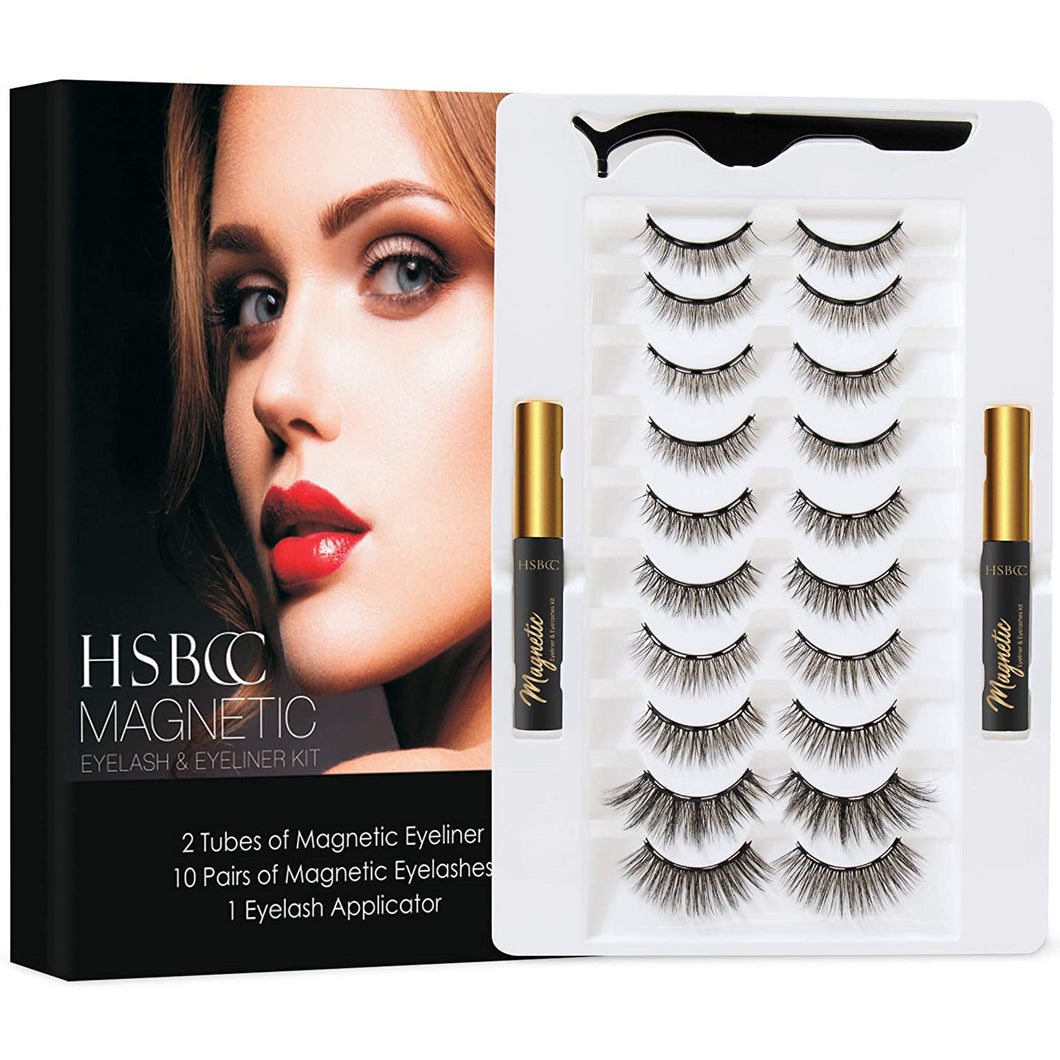 HSBCC 10 Pairs Reusable 3D 5D Magnetic Eyelashes and Eyeliner Kit